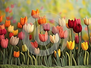 A whimsical field of felted tulips in various vibrant color photo