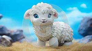 Whimsical Finnsheep Art: Studio Ghibli-inspired Rubber Toy On Cyan Background