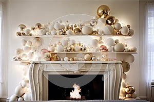 a whimsical fireplace, with oversized ornamenrts and lights, and an unexpected twist of humour