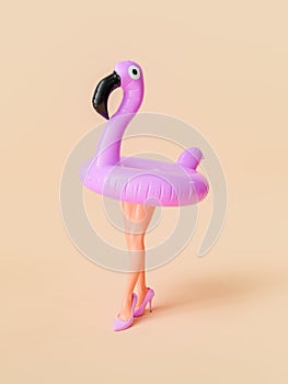Whimsical Flamingo Float with Human Legs on Peach Background