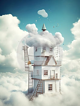 Whimsical floating house on clouds with ladders. Generative AI