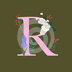 Whimsical floral botanical monogram alphabet - capital R