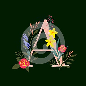 Whimsical floral Monogram alphabet - capital A vector elements