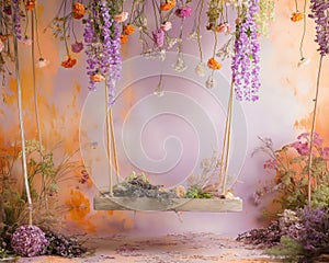 Whimsical floral swing with a lavish purple backdrop