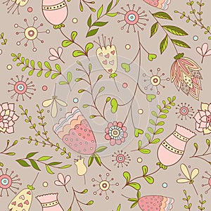 Whimsical Flowers Seamless Pattern.