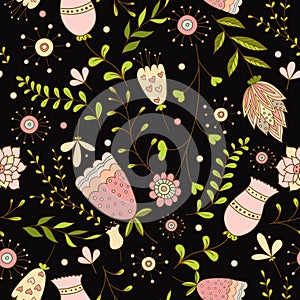 Whimsical Flowers Seamless Pattern on Black Background.