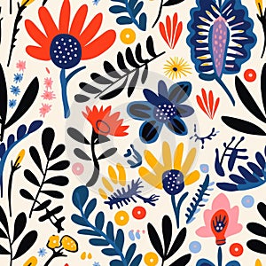 Whimsical Folk Art: Abstract Botanical Pattern With Colorful Flowers