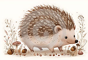 Whimsical Folk-Art Hedgehogs in a Charming Forest Scene photo