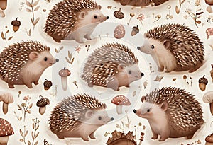 Whimsical Folk-Art Hedgehogs in a Charming Forest Scene photo