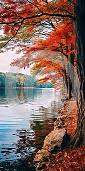 Whimsical Folk-inspired Fall Trees Beside Lake Free Wallpaper photo