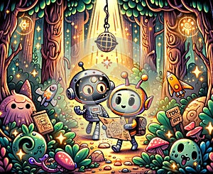 Whimsical forest scene with robots and creatures