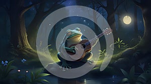 a whimsical frog strums a guitar under the moonlit sky photo