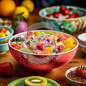 whimsical fruit salad in a brightly colored melamine bowl