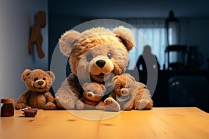 Whimsical games Brown teddy bear pops up unexpectedly from the table photo