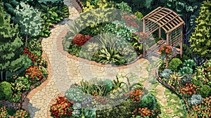 A whimsical garden blueprint with winding paths hidden nooks and a charming trellis entrance.