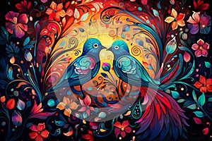 Whimsical Garden Embrace: Abstract Lovebirds in Vibrant Unity