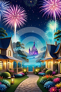 A whimsical garden with new year's eve party, fireworks in a starry night sky, colorful flowers, house, dreamlike, wallpaper