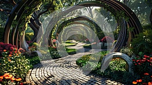 A whimsical garden path adorned with geometric shapes that give the illusion of a neverending journey photo
