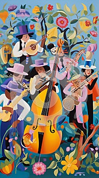 Whimsical Garden Symphony: Colorful Cartoon Characters Playing Musical Instruments in a Carnival Setting