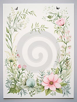 whimsical garden wedding invitations pastel colors, with an empty space to write a greeting