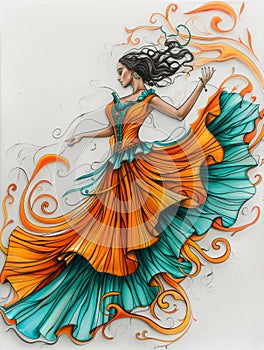 Whimsical glass art depicting a dancing woman with vibrant flowing gown, showcasing dynamic motion and color