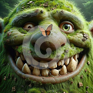 Whimsical Green Creature Smiling with a Butterfly on Its Nose
