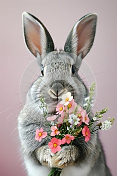 Whimsical grey rabbit holding a bouquet of spring wild flower. For Easter celebrations, greeting card