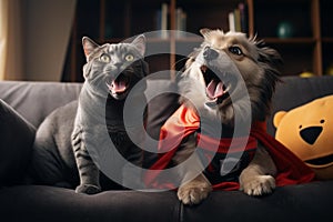 Whimsical Halloween Fun: Dog and Cat Playfully Chase Each Other in Spooky Living Room