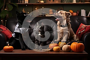 Whimsical Halloween Fun: Dog and Cat Playfully Chase Each Other in Spooky Living Room