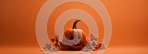 Whimsical Halloween Fun: A Playful Jack-o\'-Lantern Grinning Against an Orange Backdrop of Delight AI generated