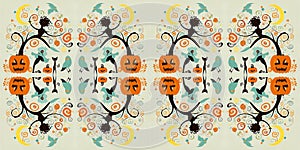 Whimsical Halloween pattern seamless symmetrical wallpaper