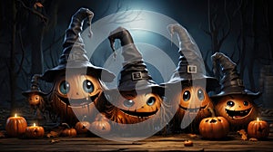 Whimsical Halloween pumpkins in witch hats, amusing Halloween background, playful October scene