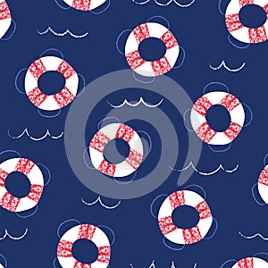 Whimsical, Hand-Drawn with Crayons, Lifebuoys in Sea Vector Seamless Pattern for Kids and Babies