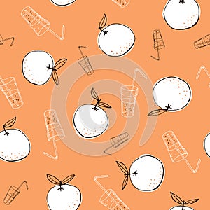 Whimsical hand-drawn doodle oranges and juice vector seamless pattern on orange background. Line Art Summer Fruits