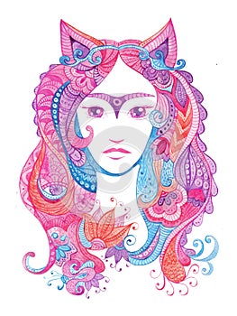 Whimsical hand drawn illustration with watercolor zentangles, female portrait