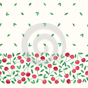 Whimsical hand-drawn red cherries vector seamless horizontal border pattern background. Colorful Summer Fruits