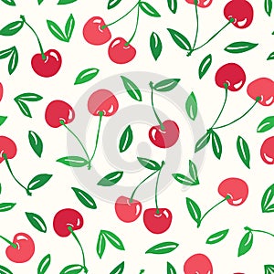 Whimsical hand-drawn red cherries vector seamless pattern background. Colorful Summer Fruits