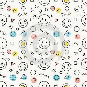 Whimsical hand drawn smiley faces and geometric shapes seamless pattern