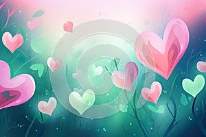 Whimsical Harmony: Abstract Hearts in Pink and Green with Copy Space.