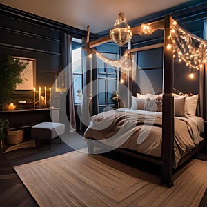 A whimsical Harry Potter-inspired bedroom with a four-poster bed and magical floating candles3