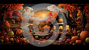 A whimsical and heartwarming Thanksgiving scene, with a cornucopia overflowing with food