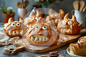 Whimsical Homemade Monster Bread Loaves with Funny Faces on a Rustic Kitchen Table