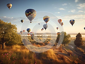 Whimsical Hot Air Balloons Floating Above Fields