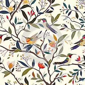 Whimsical Hummingbird Garden Seamless Pattern Tile photo