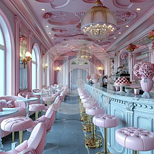 Whimsical ice cream parlor with pastel colors and vintage decor.3D render