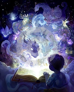A whimsical illustration of a child reading a storybook filled with fantastical creatures each creature glowing with a unique