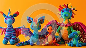 Whimsical illustration of crochet amigurumi creatures wearing vibrant ponchos a majestic amigurumi dragon with a fiery cape stands