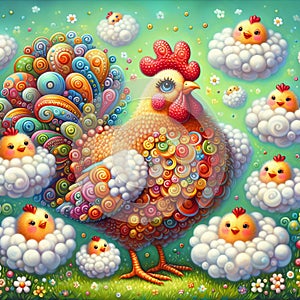 whimsical illustration depicting a hen and chickens with bright, swirling patterns in a dreamy meadow
