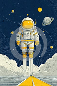 Cute cartoon astronaut flying in space with planets and stars around