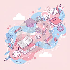 Whimsical illustration featuring educational and creative elements. An open book is at